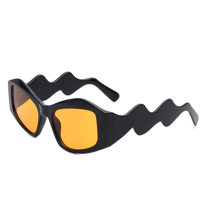 Cramilo Eyewear Sunglasses Black/Yellow Shimmerz - Square Oversize Irregular Wavy Temple Design Fashion Sunglasses