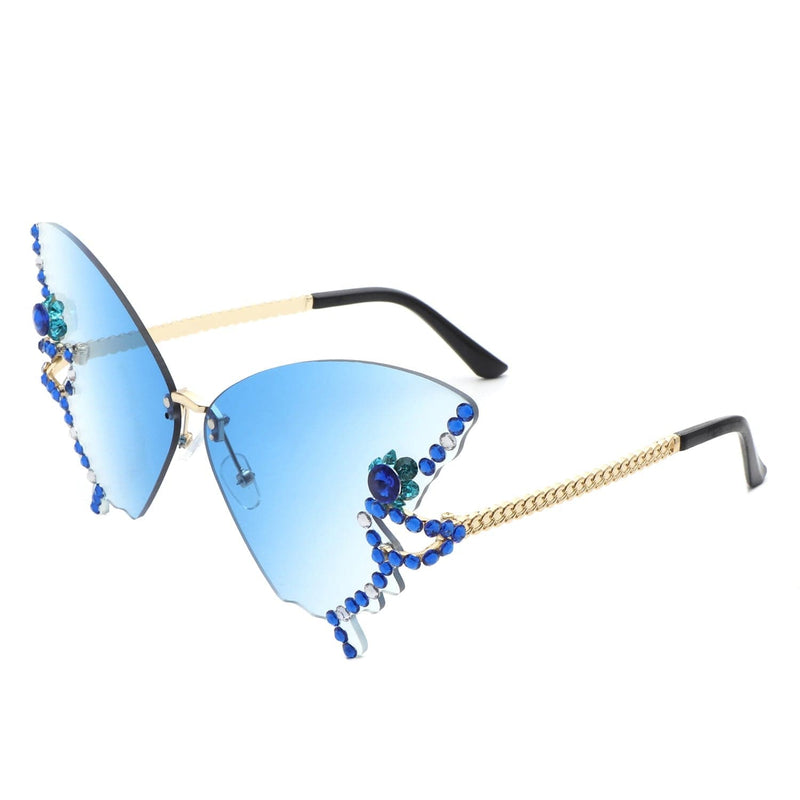 Cramilo Eyewear Sunglasses Blue Lyrin - Rimless Oversize Rhinestone Butterfly Women Fashion Sunglasses