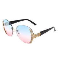 Cramilo Eyewear Sunglasses Blue/Pink Jadeisle - Women Oval Rimless Rhinestone Design Round Oversize Sunglasses