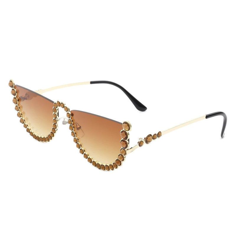 Cramilo Eyewear Sunglasses Brown Florinda - Women Half Frame Rhinestone Round Fashion Sunglasses