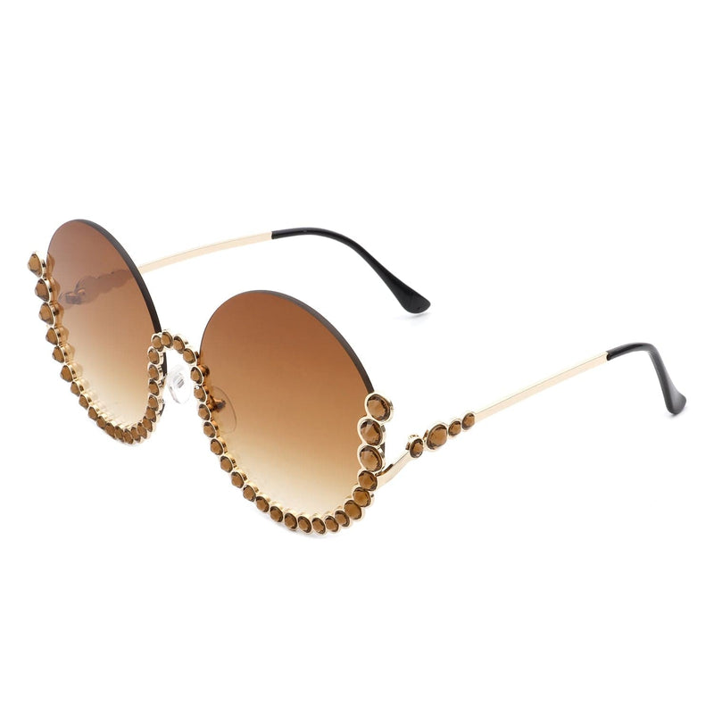 Cramilo Eyewear Sunglasses Brown Gloriana - Women Circle Half Frame Oversize Rhinestone Fashion Round Sunglasses