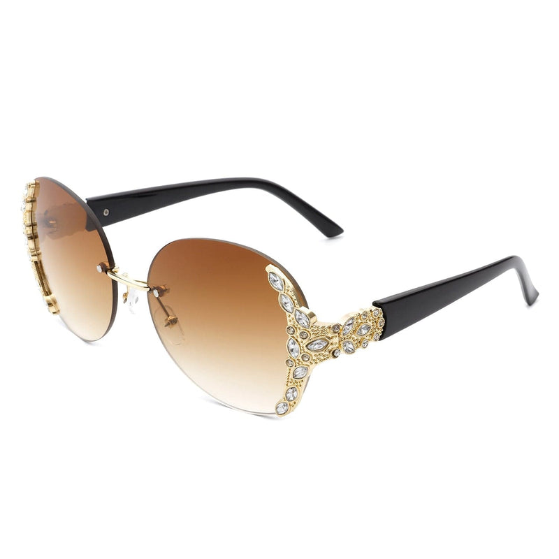 Cramilo Eyewear Sunglasses Brown Jadeisle - Women Oval Rimless Rhinestone Design Round Oversize Sunglasses