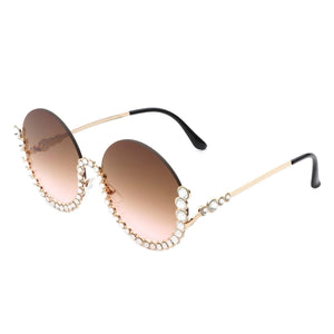 Cramilo Eyewear Sunglasses Coffee Gloriana - Women Circle Half Frame Oversize Rhinestone Fashion Round Sunglasses