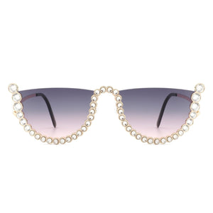 Cramilo Eyewear Sunglasses Florinda - Women Half Frame Rhinestone Round Fashion Sunglasses