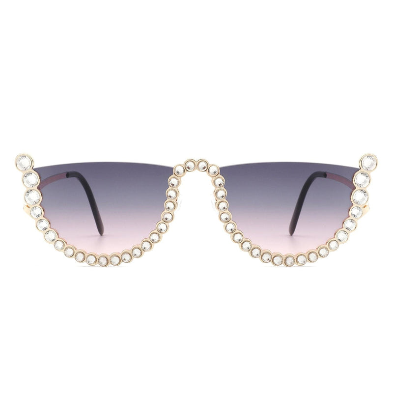 Cramilo Eyewear Sunglasses Florinda - Women Half Frame Rhinestone Round Fashion Sunglasses