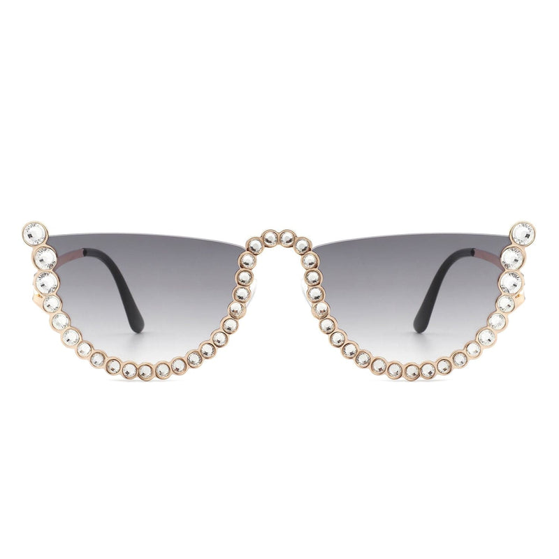 Cramilo Eyewear Sunglasses Florinda - Women Half Frame Rhinestone Round Fashion Sunglasses