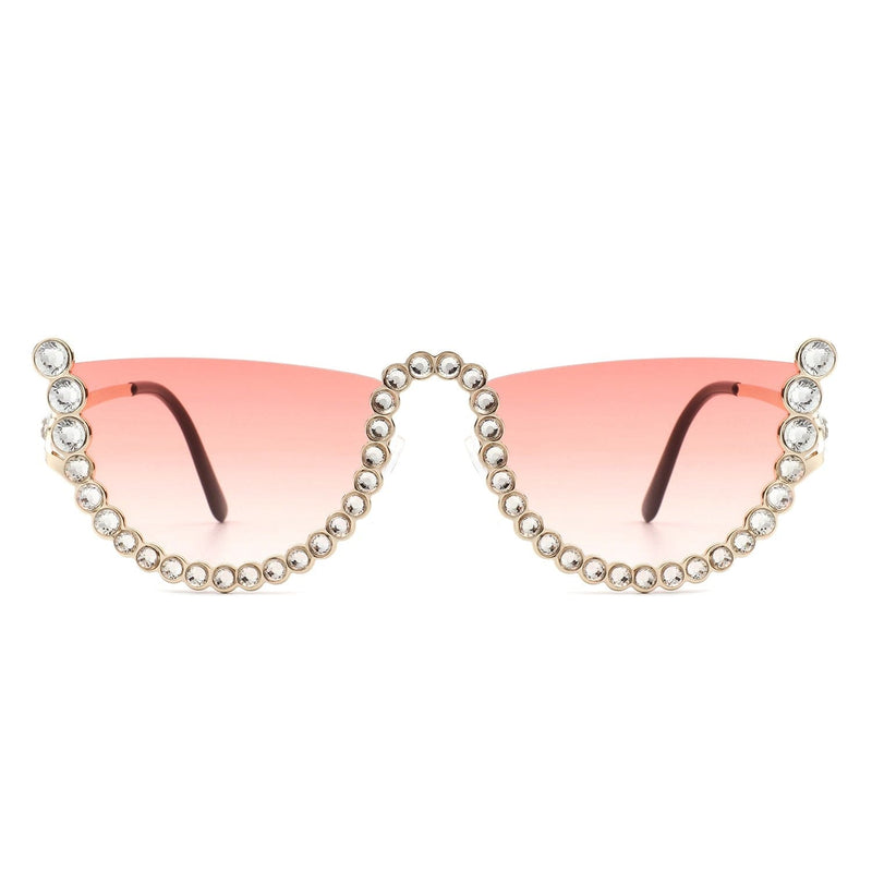 Cramilo Eyewear Sunglasses Florinda - Women Half Frame Rhinestone Round Fashion Sunglasses