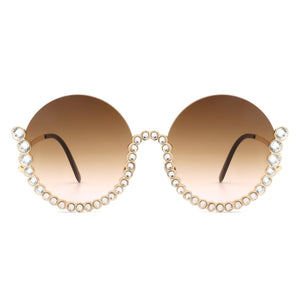 Cramilo Eyewear Sunglasses Gloriana - Women Circle Half Frame Oversize Rhinestone Fashion Round Sunglasses