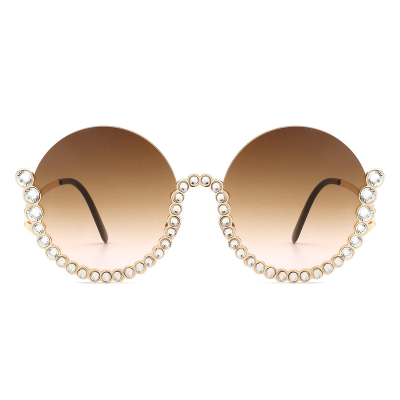 Cramilo Eyewear Sunglasses Gloriana - Women Circle Half Frame Oversize Rhinestone Fashion Round Sunglasses