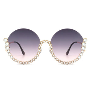 Cramilo Eyewear Sunglasses Gloriana - Women Circle Half Frame Oversize Rhinestone Fashion Round Sunglasses