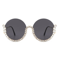 Cramilo Eyewear Sunglasses Gloriana - Women Circle Half Frame Oversize Rhinestone Fashion Round Sunglasses