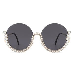 Cramilo Eyewear Sunglasses Gloriana - Women Circle Half Frame Oversize Rhinestone Fashion Round Sunglasses