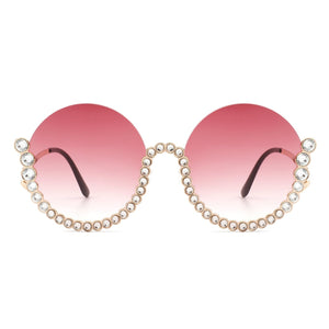 Cramilo Eyewear Sunglasses Gloriana - Women Circle Half Frame Oversize Rhinestone Fashion Round Sunglasses