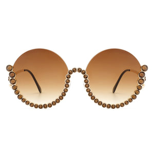 Cramilo Eyewear Sunglasses Gloriana - Women Circle Half Frame Oversize Rhinestone Fashion Round Sunglasses