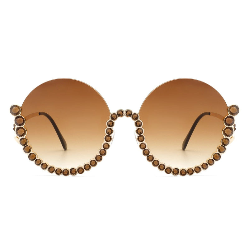 Cramilo Eyewear Sunglasses Gloriana - Women Circle Half Frame Oversize Rhinestone Fashion Round Sunglasses