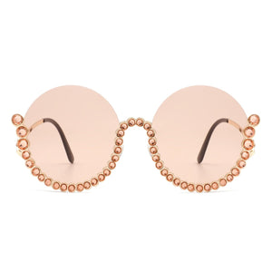 Cramilo Eyewear Sunglasses Gloriana - Women Circle Half Frame Oversize Rhinestone Fashion Round Sunglasses