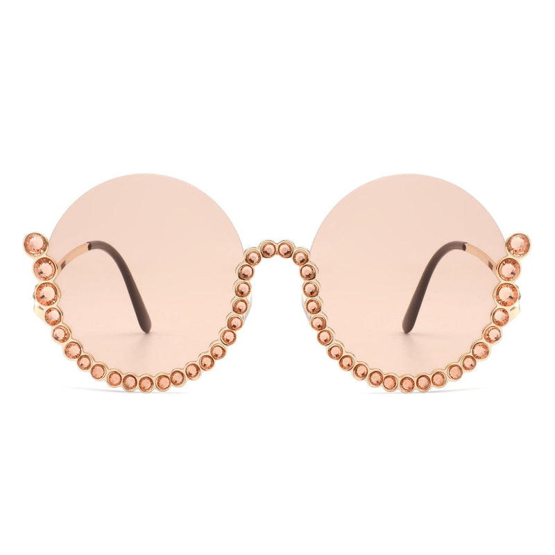 Cramilo Eyewear Sunglasses Gloriana - Women Circle Half Frame Oversize Rhinestone Fashion Round Sunglasses