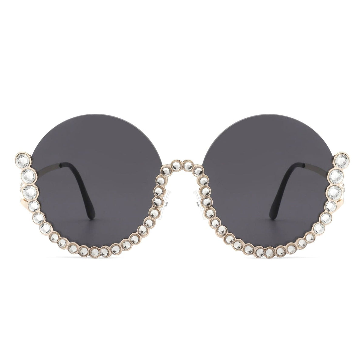 Cramilo Eyewear Sunglasses Gloriana - Women Circle Half Frame Oversize Rhinestone Fashion Round Sunglasses