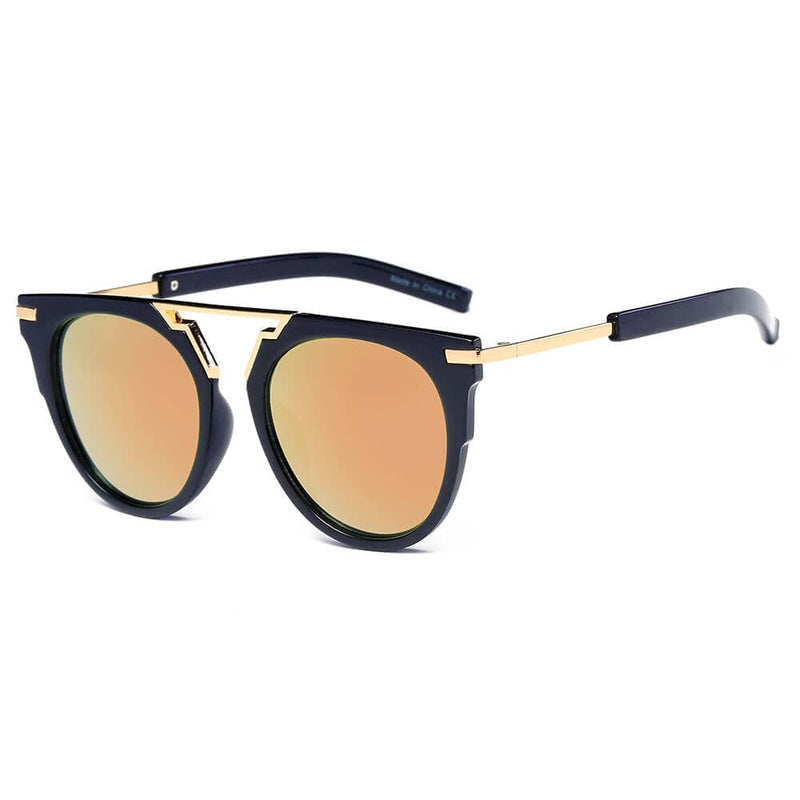 Cramilo Eyewear Sunglasses Gold - Black Frame Peach Lens HANOVER | Unisex Fashion Brow-Bar Round Sunglasses