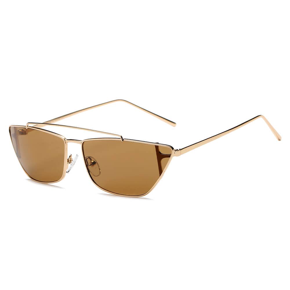 Cramilo Eyewear Sunglasses Gold/Brown ESTEVAN | Women Metal Retro Flat Lens Rectangular Sunglasses