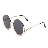 Cramilo Eyewear Sunglasses Golden Gloriana - Women Circle Half Frame Oversize Rhinestone Fashion Round Sunglasses