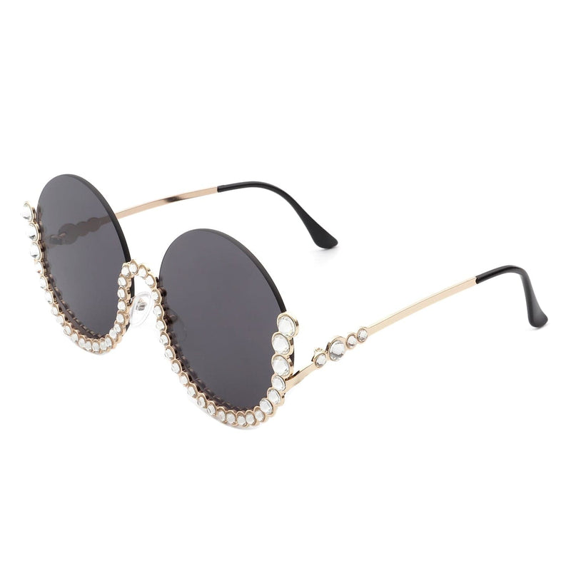 Cramilo Eyewear Sunglasses Golden Gloriana - Women Circle Half Frame Oversize Rhinestone Fashion Round Sunglasses