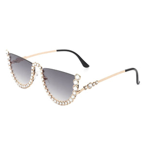 Cramilo Eyewear Sunglasses Grey Florinda - Women Half Frame Rhinestone Round Fashion Sunglasses