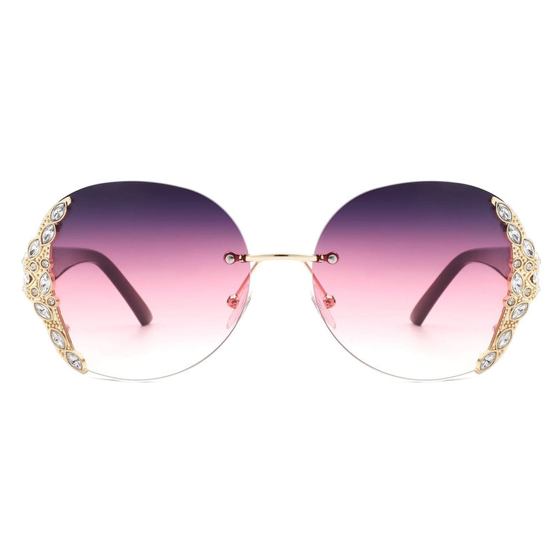 Cramilo Eyewear Sunglasses Jadeisle - Women Oval Rimless Rhinestone Design Round Oversize Sunglasses