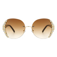 Cramilo Eyewear Sunglasses Jadeisle - Women Oval Rimless Rhinestone Design Round Oversize Sunglasses