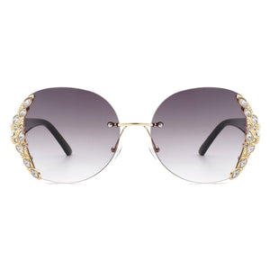 Cramilo Eyewear Sunglasses Jadeisle - Women Oval Rimless Rhinestone Design Round Oversize Sunglasses