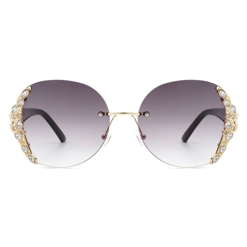 Cramilo Eyewear Sunglasses Jadeisle - Women Oval Rimless Rhinestone Design Round Oversize Sunglasses