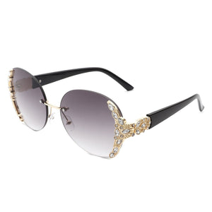 Cramilo Eyewear Sunglasses Jadeisle - Women Oval Rimless Rhinestone Design Round Oversize Sunglasses