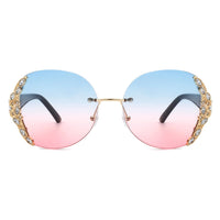 Cramilo Eyewear Sunglasses Jadeisle - Women Oval Rimless Rhinestone Design Round Oversize Sunglasses