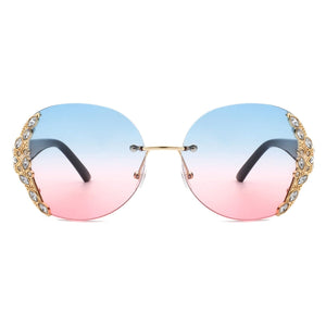 Cramilo Eyewear Sunglasses Jadeisle - Women Oval Rimless Rhinestone Design Round Oversize Sunglasses