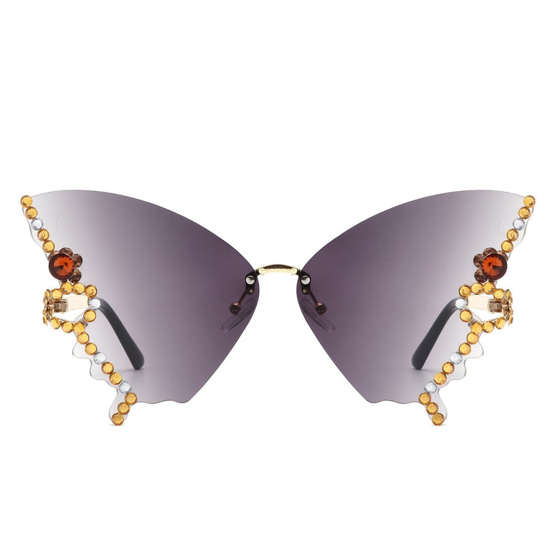 Cramilo Eyewear Sunglasses Lyrin - Rimless Oversize Rhinestone Butterfly Women Fashion Sunglasses