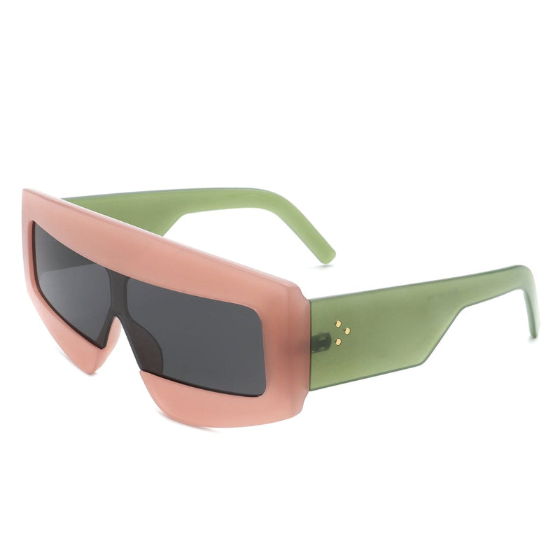 Cramilo Eyewear Sunglasses Nude\Green Celestia - Rectangle Chunky Oversize Square Tinted Flat Top Sunglasses