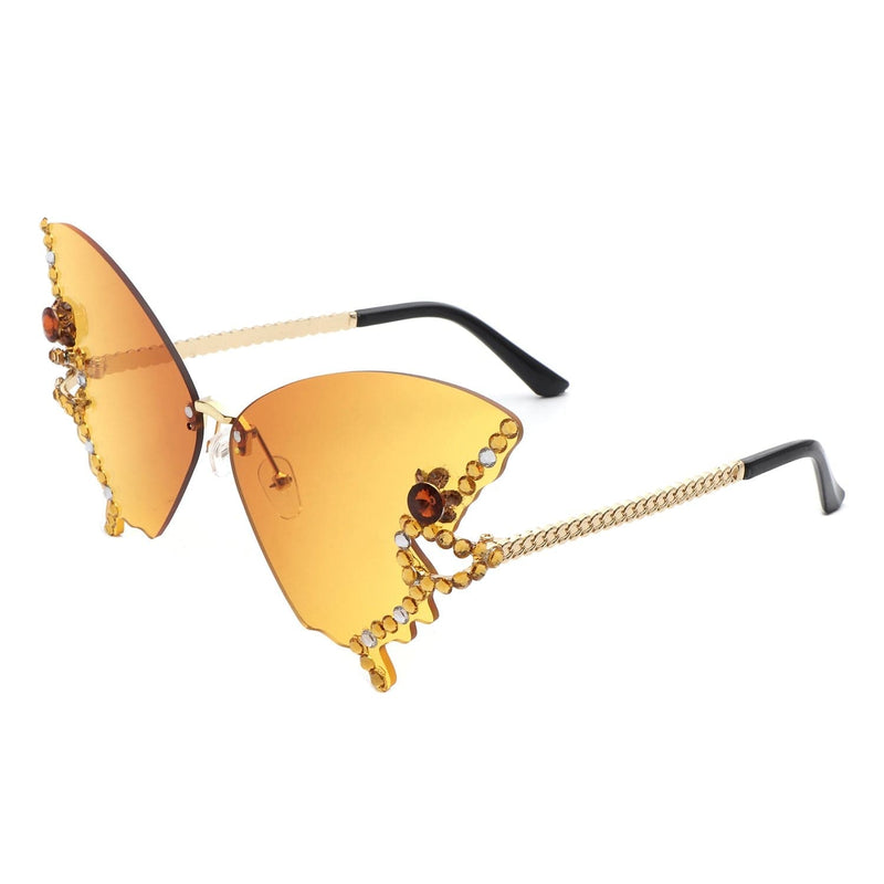 Cramilo Eyewear Sunglasses Orange Lyrin - Rimless Oversize Rhinestone Butterfly Women Fashion Sunglasses