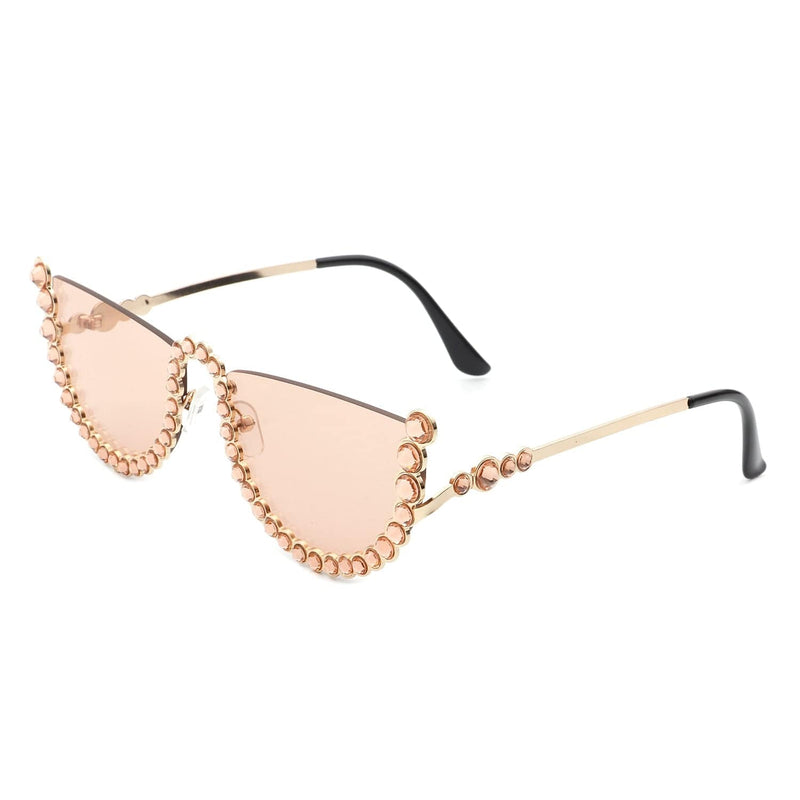 Cramilo Eyewear Sunglasses Peach Florinda - Women Half Frame Rhinestone Round Fashion Sunglasses