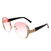 Cramilo Eyewear Sunglasses Pink Jadeisle - Women Oval Rimless Rhinestone Design Round Oversize Sunglasses