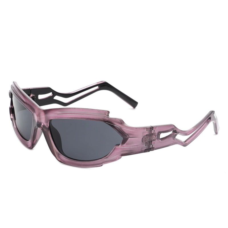 Cramilo Eyewear Sunglasses Pink Moonhaze - Futuristic Rectangle Geometric Chunky Sport Wrap Around Sunglasses