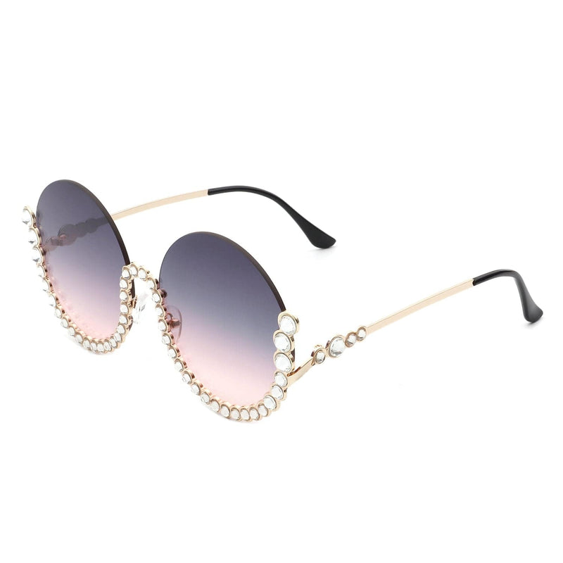 Cramilo Eyewear Sunglasses Purple Gloriana - Women Circle Half Frame Oversize Rhinestone Fashion Round Sunglasses