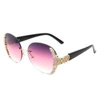 Cramilo Eyewear Sunglasses Purple Jadeisle - Women Oval Rimless Rhinestone Design Round Oversize Sunglasses