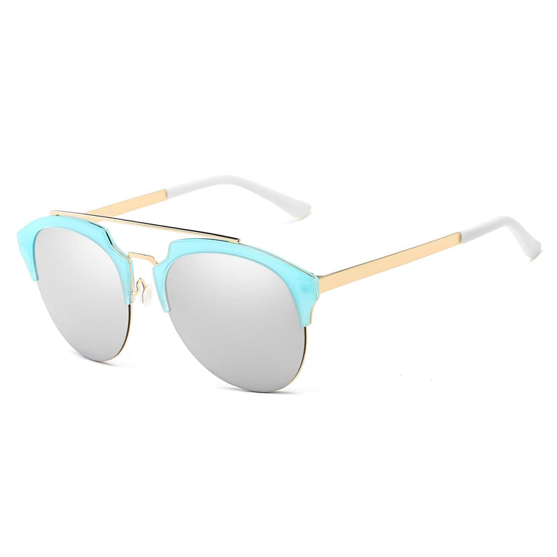 Cramilo Eyewear Sunglasses Turquoise Rims - Silver Lens - Gold Arms COROLLA | Half Frame Mirrored Lens Horned Rim Sunglasses Circle