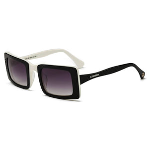 Cramilo Eyewear Sunglasses White/Black Frame - Purple Smoke Lens DAYTON | Unique Futuristic Unisex Postmodern Rectangle Square Sunglasses
