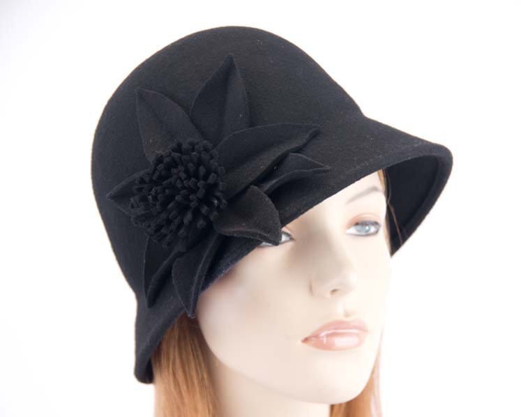 Cupids Millinery Women's Hat Black Black felt bucket cloche hat by Max Alexander SP382B