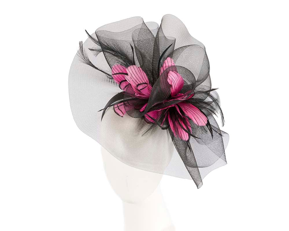 Cupids Millinery Women's Hat Black Large black & fuchsia fascinator by Cupids Millinery