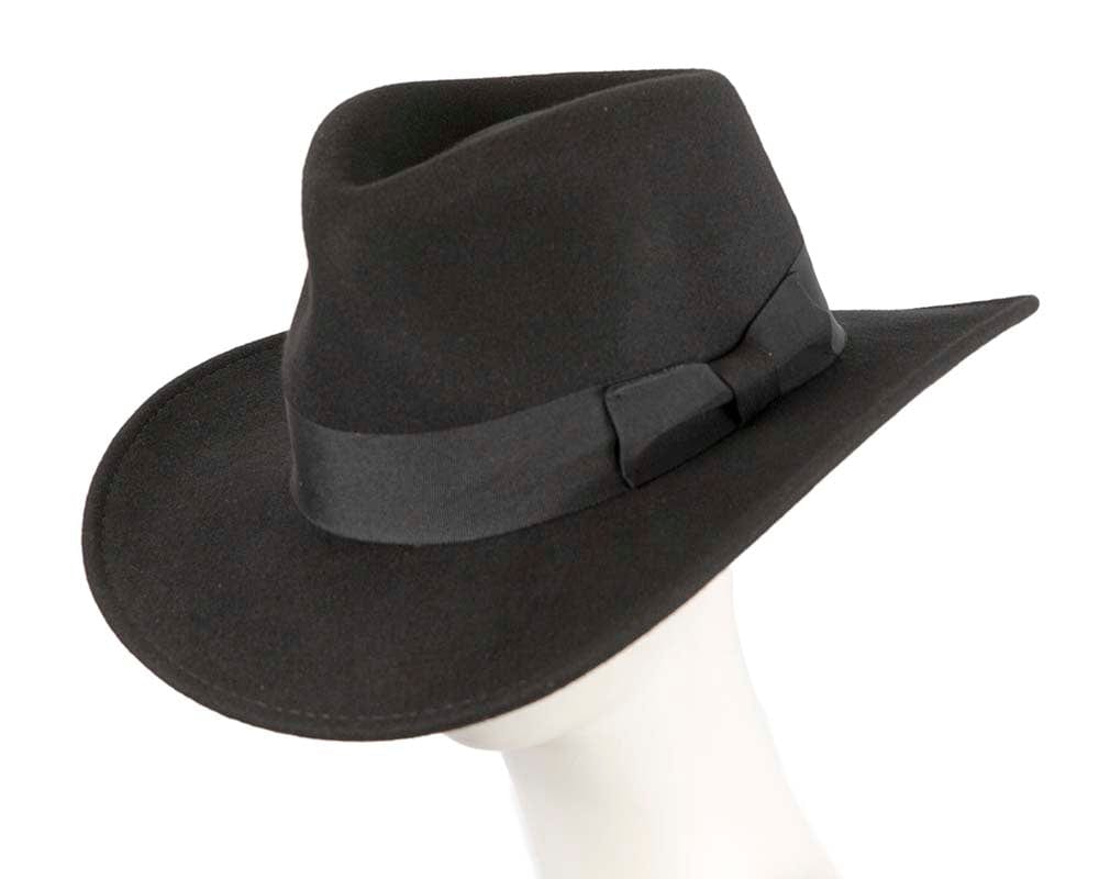 Cupids Millinery Women's Hat Large-x-large-60-61cm / Black Unisex Black Fedora Felt Wide Brim Hat