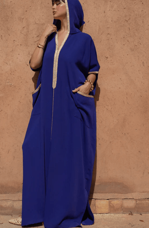 D'Ici Et D'Ailleurs Women's Kaftan Blue / OS Moroccan Dress - Oversized Crêpe Hooded Jalabiya in Blue