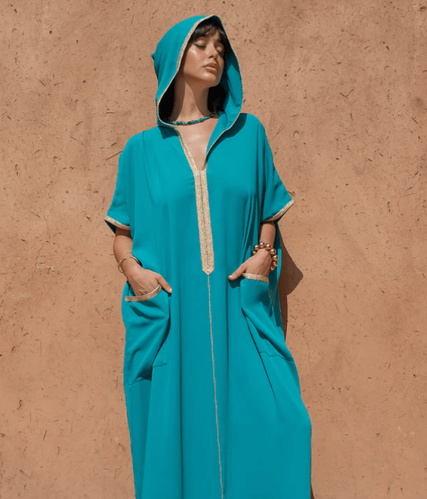 D'Ici Et D'Ailleurs Women's Kaftan Clear Blue / OS Moroccan Dress - Oversized Crêpe Hooded Jalabiya in Clear Blue