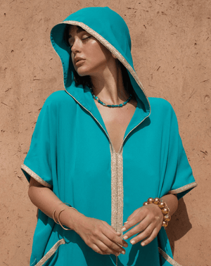 D'Ici Et D'Ailleurs Women's Kaftan Clear Blue / OS Moroccan Dress - Oversized Crêpe Hooded Jalabiya in Clear Blue